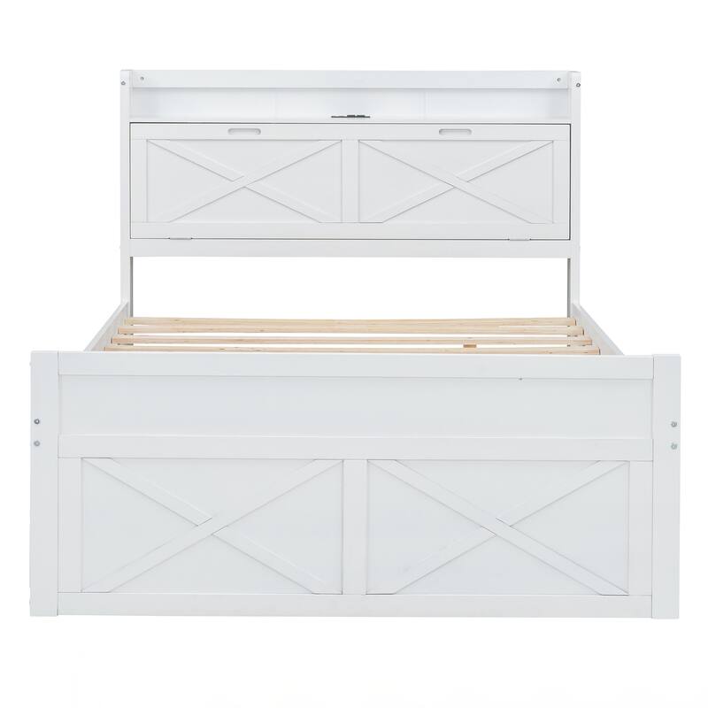 Full Size Wooden Bed with Storage Headboard with Outlets