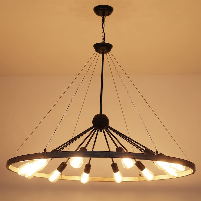 12-Light W43.3" x H90.55" Wagon Wheel Chandelier for Study Bedroom