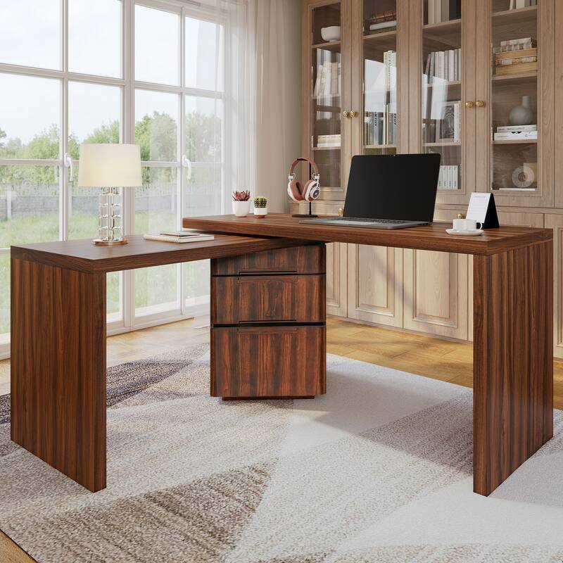90" Modern L-Shaped Executive Desk with 3 Drawers & 360° Rotating Top - Office Corner Workstation for Home or Living Room