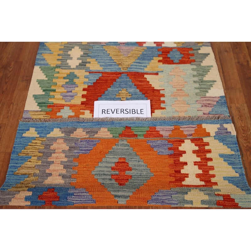 Multi-Color Reversible Geometric Kilim Rug Flat-weave Wool Carpet - 3'3" x 4'9"