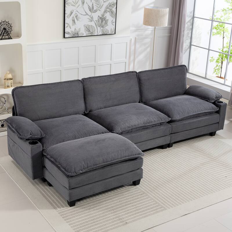 L-Shaped Modular Sectional Sofa with Ottoman, Oversized Corduroy Upholstered Cloud Couch with Cup Holders & Side Pockets