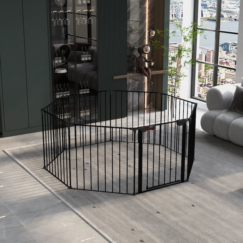 Adjustable Safety Gate Play Yard Metal Doorways Fireplace Fence - Black-8 Panels