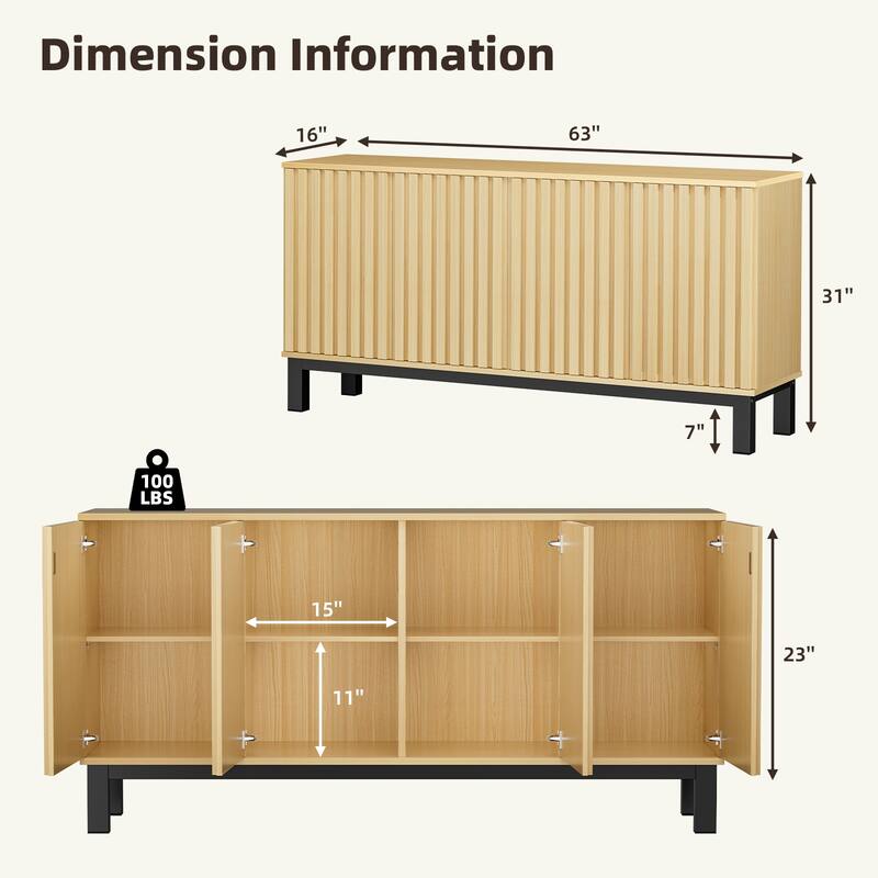 Fluted Sideboard Buffet Cabinet with 4 Doors, Modern Storage Credenza with Adjustable Shelves for Dining Room & Entryway