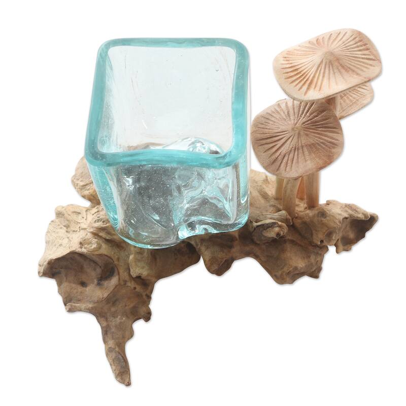Novica Handmade Mushroom Patch Wood And Glass Sculpture