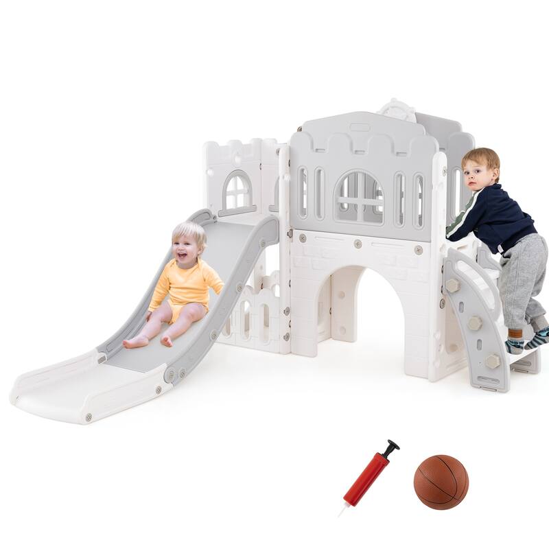 Gymax 9 in 1 Toddler Slide L Shaped Kids Slide & Climber Playset w/ - Grey