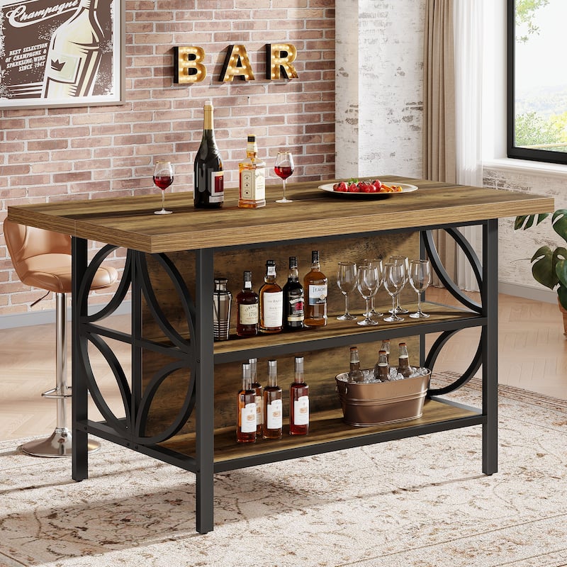 2-Tier Long Kitchen Bar Height Table with Footrest, Rustic Brown