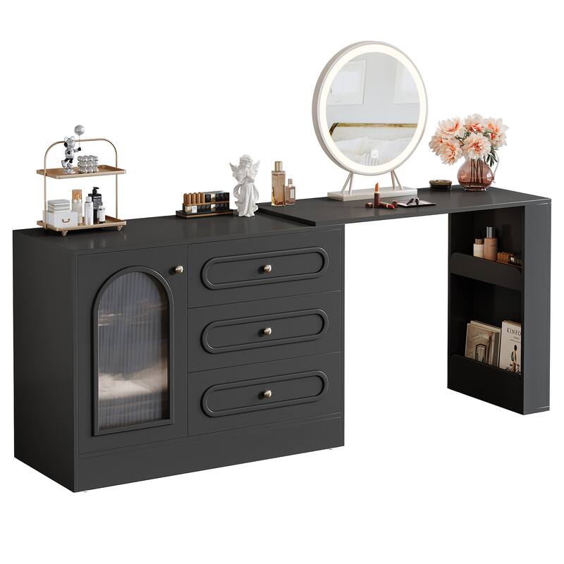 360° Rotatable Vanity Desk with 3 Drawers, Modern White Corner Vanity