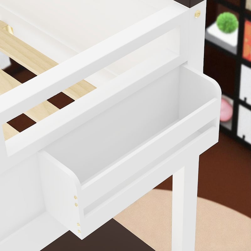 Queen Size Loft Bed with Desk, Open Shelves, Storage Box, USB Charging Station, White Wooden Loft Bed Frame