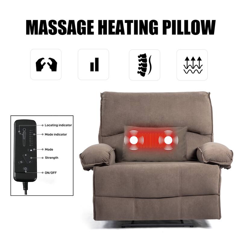 Grey Extra-Wide Push-Back Recliner with Heated Massage Pillow, Soft Fleece Fabric, and Plush Comfort