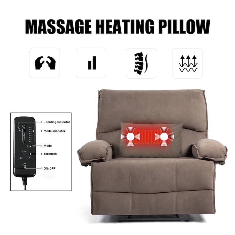 Grey Spacious Push-Back Recliner Sofa Chari with Super Soft Fleece Upholstery and Heated Massage Pillow