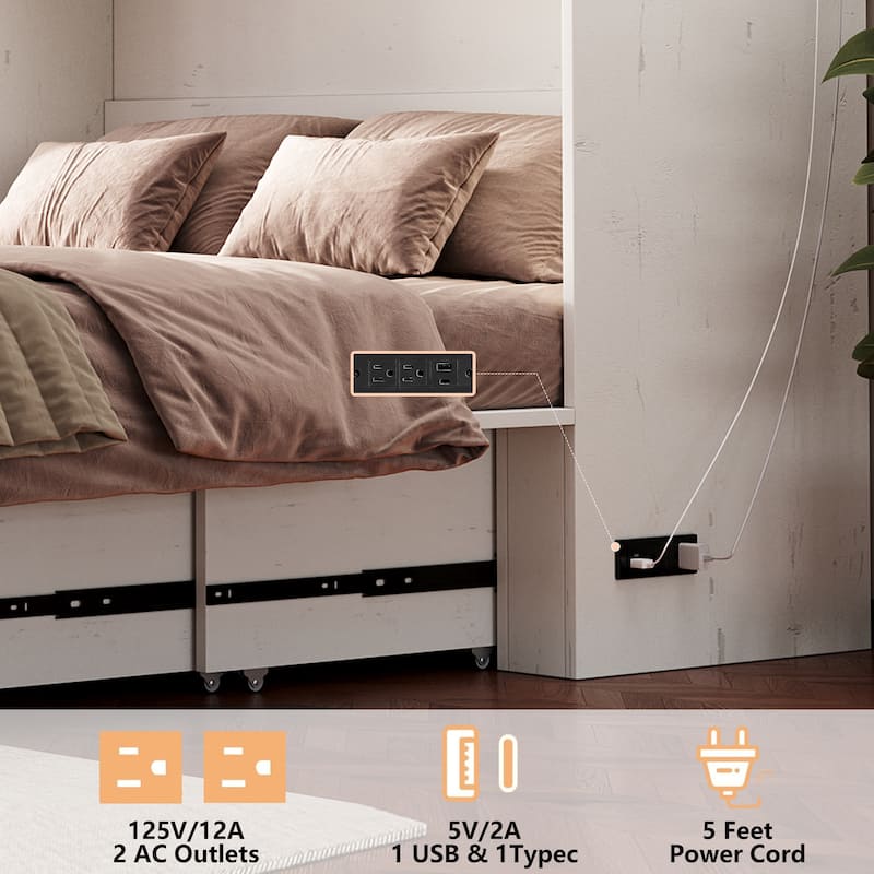 Queen Murphy Bed with Charging Station, Farmhouse Murphy Cabinet Bed with Large Storage Drawer, Hideaway Foldable Platform Bed