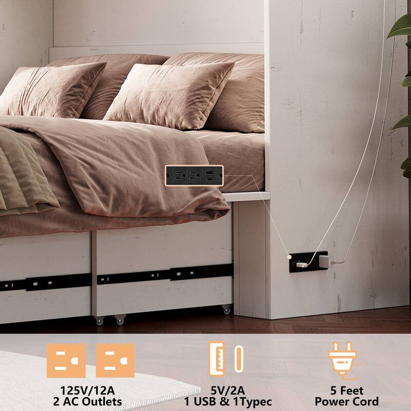 Queen Murphy Bed with Charging Station & Large Storage Drawer, Farmhouse Cabinet Hideaway Bed for Guest Room