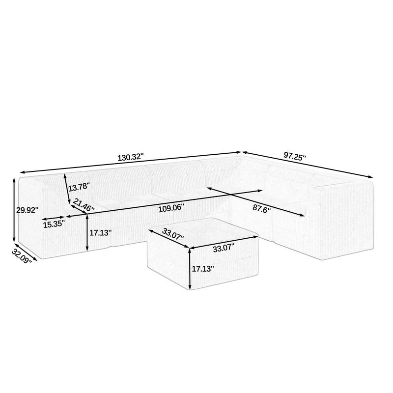 130.32" L-Shaped Corduroy Modular Sectional Sofa with DIY Configuration, and Convertible Sleeper (4/6/7/9-Seater Options)