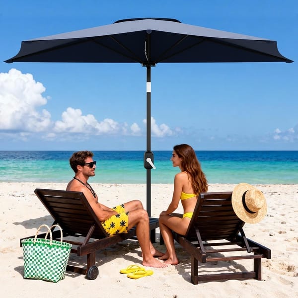 blue half patio umbrella 9ft with Base and Remote Control, providing ample shade and ambient illumination for garden Half Patio Umbrella 9FT, Outdoor