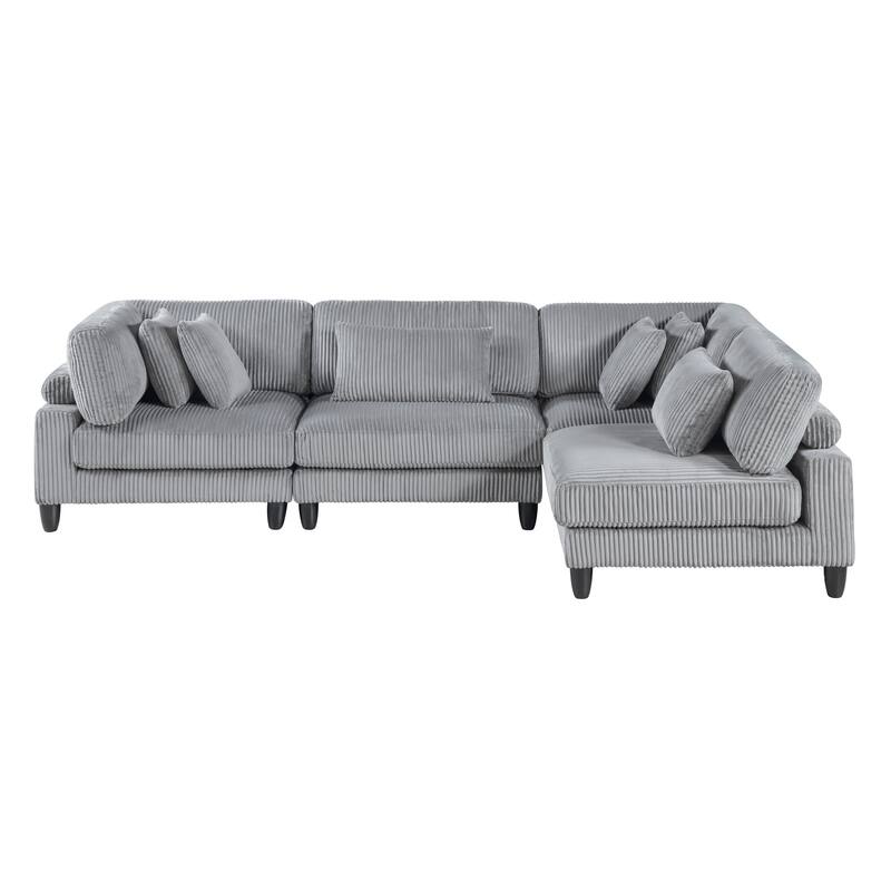 4-Piece Gray Corduroy Modular Sectional Sofa Set with Wood Legs & Frame, 6 Pillows Included