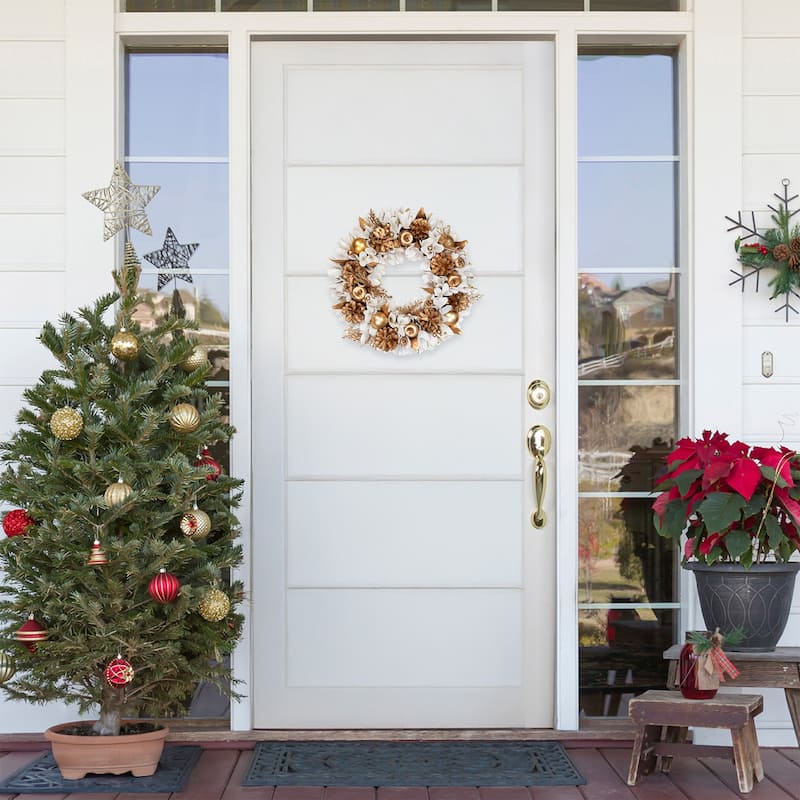 Glittered Wood Petals and Apples Christmas Wreath - 13.5" - Unlit