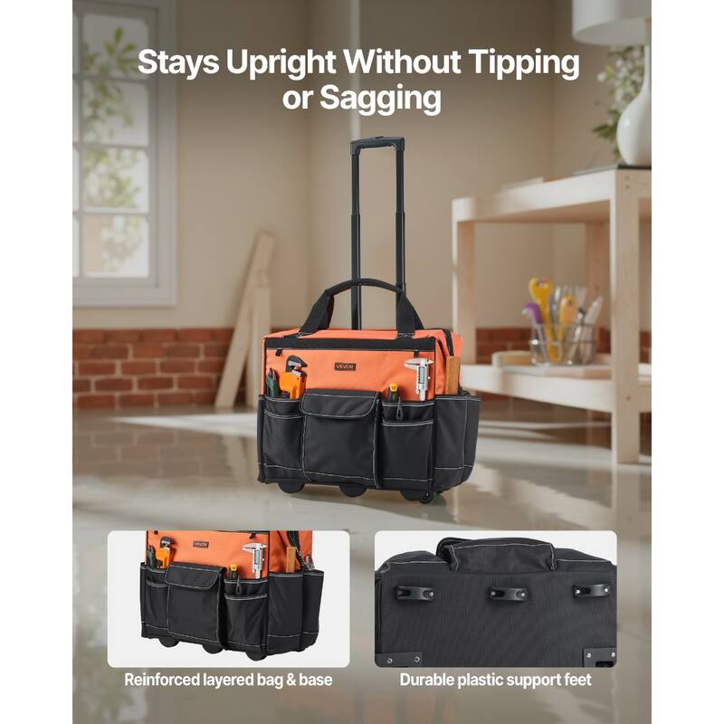 Heavy Duty Rolling Tool Bag 27 Pockets Large Capacity on Wheels - 20 x 12.2 x 17.7 in