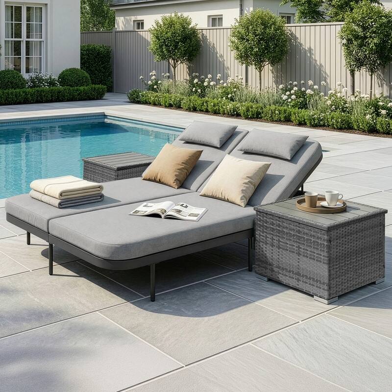 2-Person Outdoor Double Chaise Lounge with 2 Side Tables, Wicker Patio Reclining Daybed, Adjustable Backrests, 800 lb Capacity