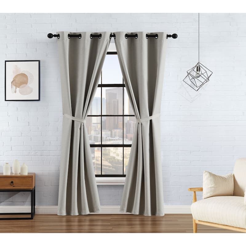Lucky Brand Finley Textured Blackout Grommet Window Curtain Panel Pair with Tiebacks - 38 x 96 - Beige