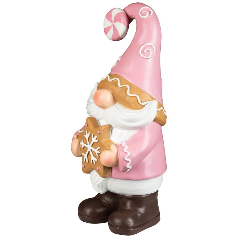 Christmas Gnome Holding Gingerbread Snowflake Cookie Decoration - 11.5" - Pink
