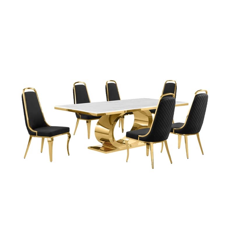 Best Quality Furniture D432/3-SC310-7 Dining Set with 87" White Marble Top