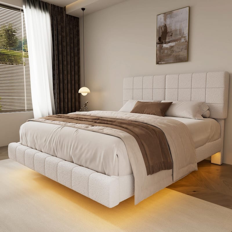 White Bouclé Floating Bed with Ambient Light