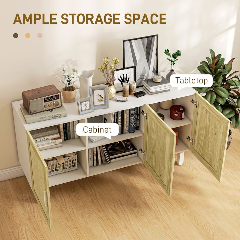 Boho Design Buffet Cabinet with 3 Rattan Doors and Adjustable Shelves for Living Room