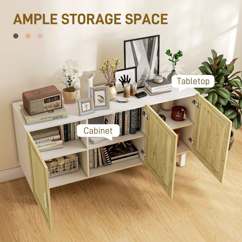 Boho Sideboard Buffet Cabinet with 3-Rattan Doors and Adjustable Shelves, White & Natural
