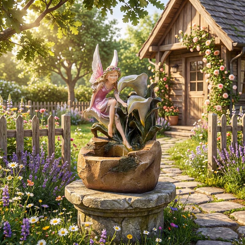 Outdoor Fairy & Calla Lily Water Fountain with Fairy-Tale Garden Style and Lights
