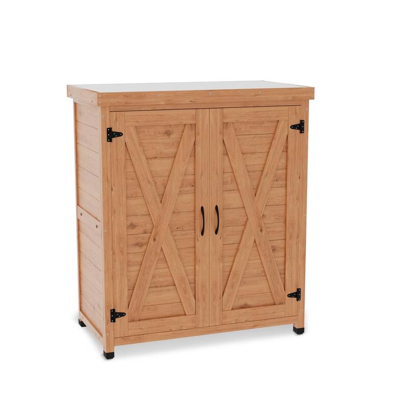 Wooden Patio Furniture with Metal-Tabletop, Potting Bench with Storage Cabinet, Outdoor Patio Storage Cabinet with Shelves