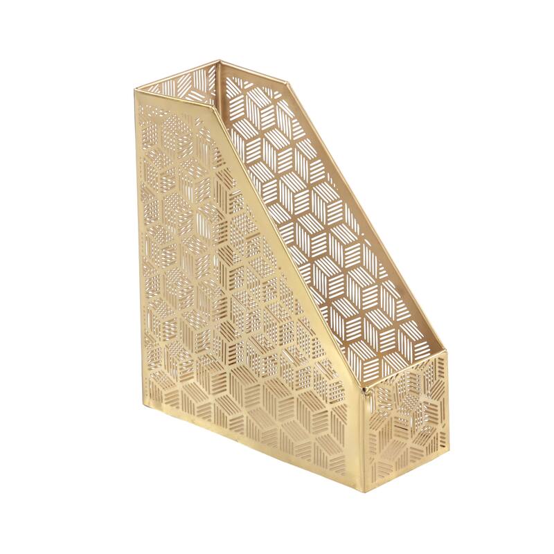 Gold Metal Single Slot Geometric Magazine Holder with Laser Carved Design