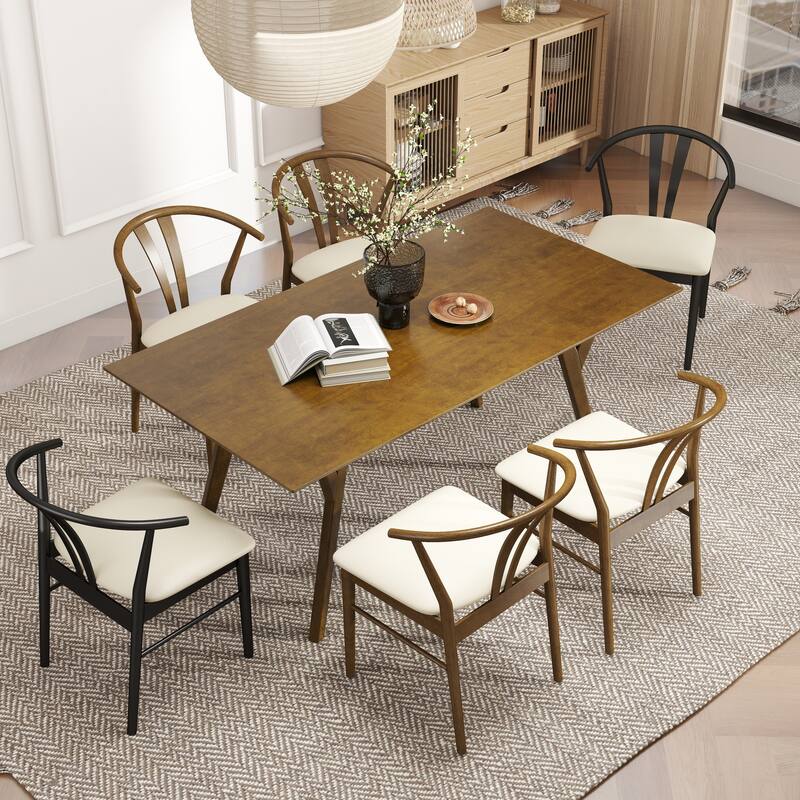 Roundhill Furniture Lavin Modern 7-Piece Dining Set, Wood Dining Table with 6 Curved Back Chairs