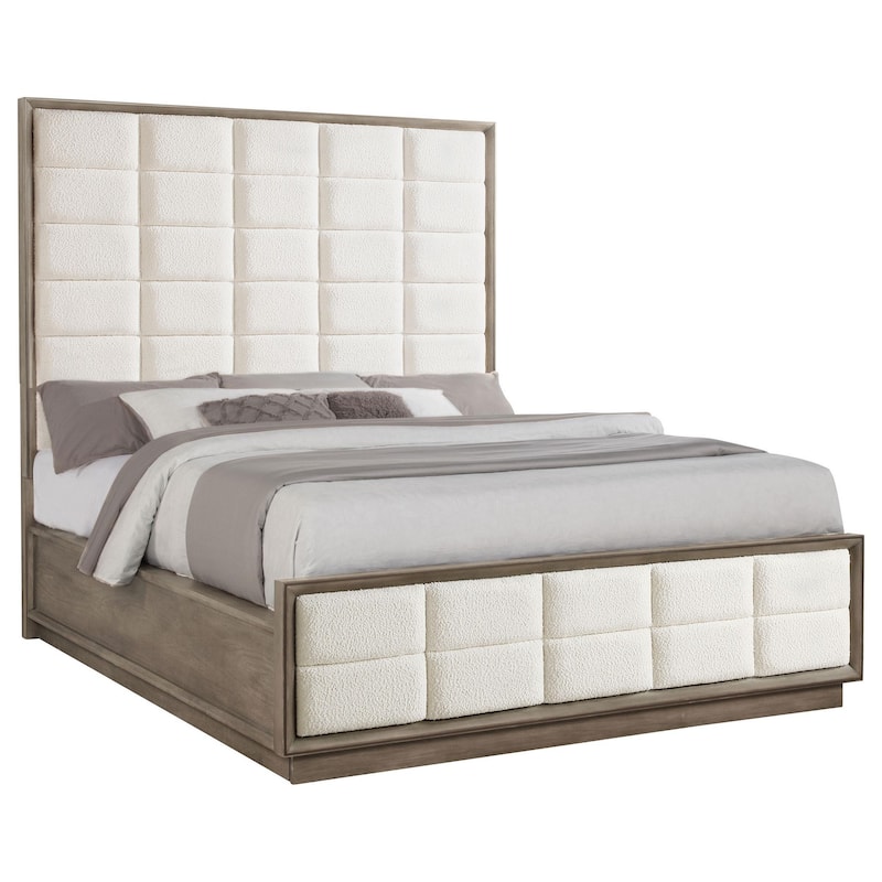 Lyni California King Bed, Grid Tufted Ivory Upholstery, Oak Brown