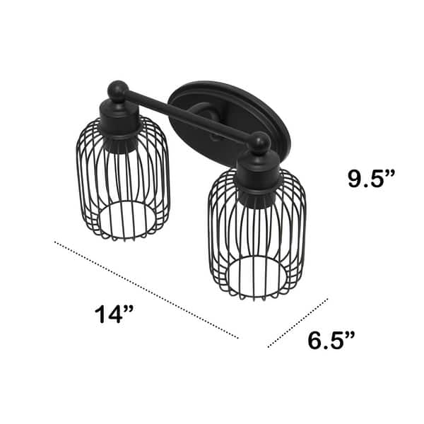 Open Cage Industrial 2-Light Uplight Downlight Vanity Wall Sconce - 14" - Black
