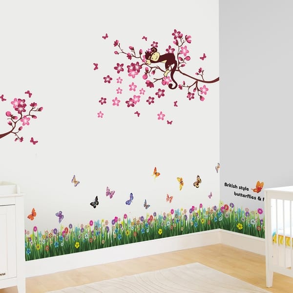 slide 2 of 5, Walplus Blossom Flower Pink Monkey Tree Kid Wall Sticker Nursery Decor