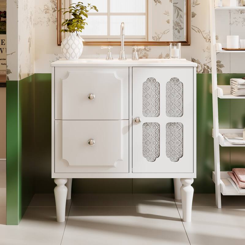 Retro Style 30'' Bathroom Vanity with Ceramic Sink Combo, Freestanding Single Vanity with 2 Drawers