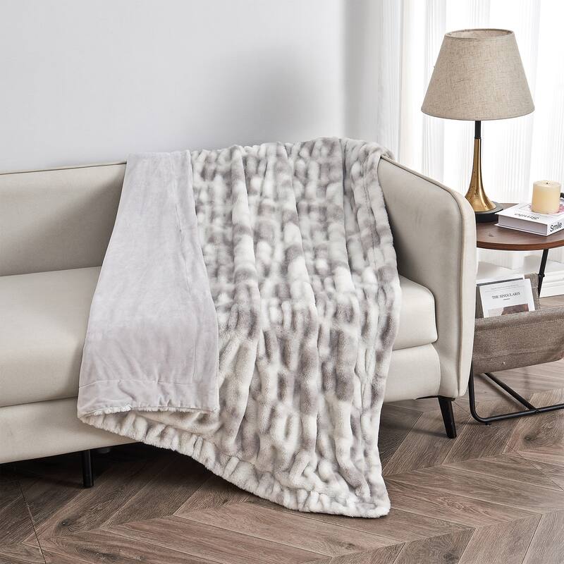 Luxurious Ruched Faux Fur Reversible Microfiber Throw On Sale Bed