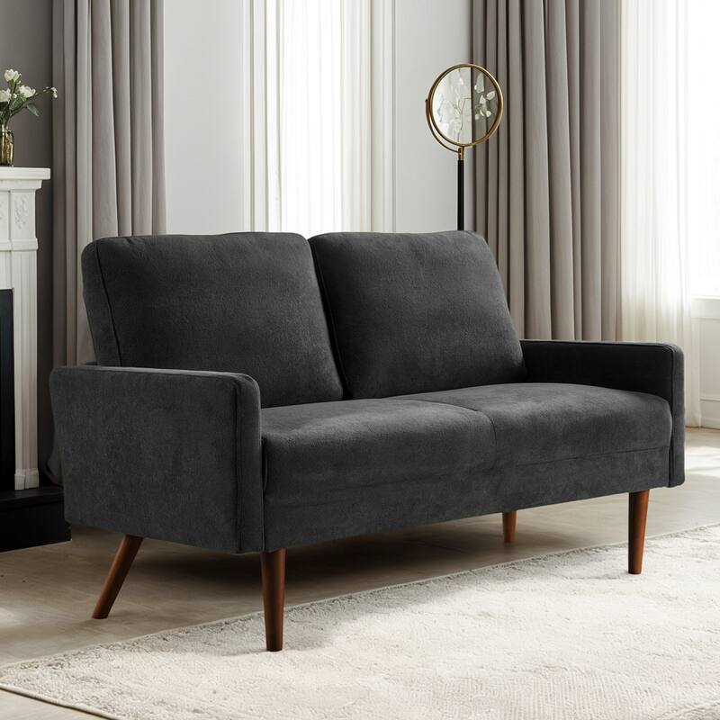 Velvet Upholstered Loveseat Sofa, Small Loveseat Sofa Couch with Rubber Wood Legs, 2 Seater Couch with Throw Pillow