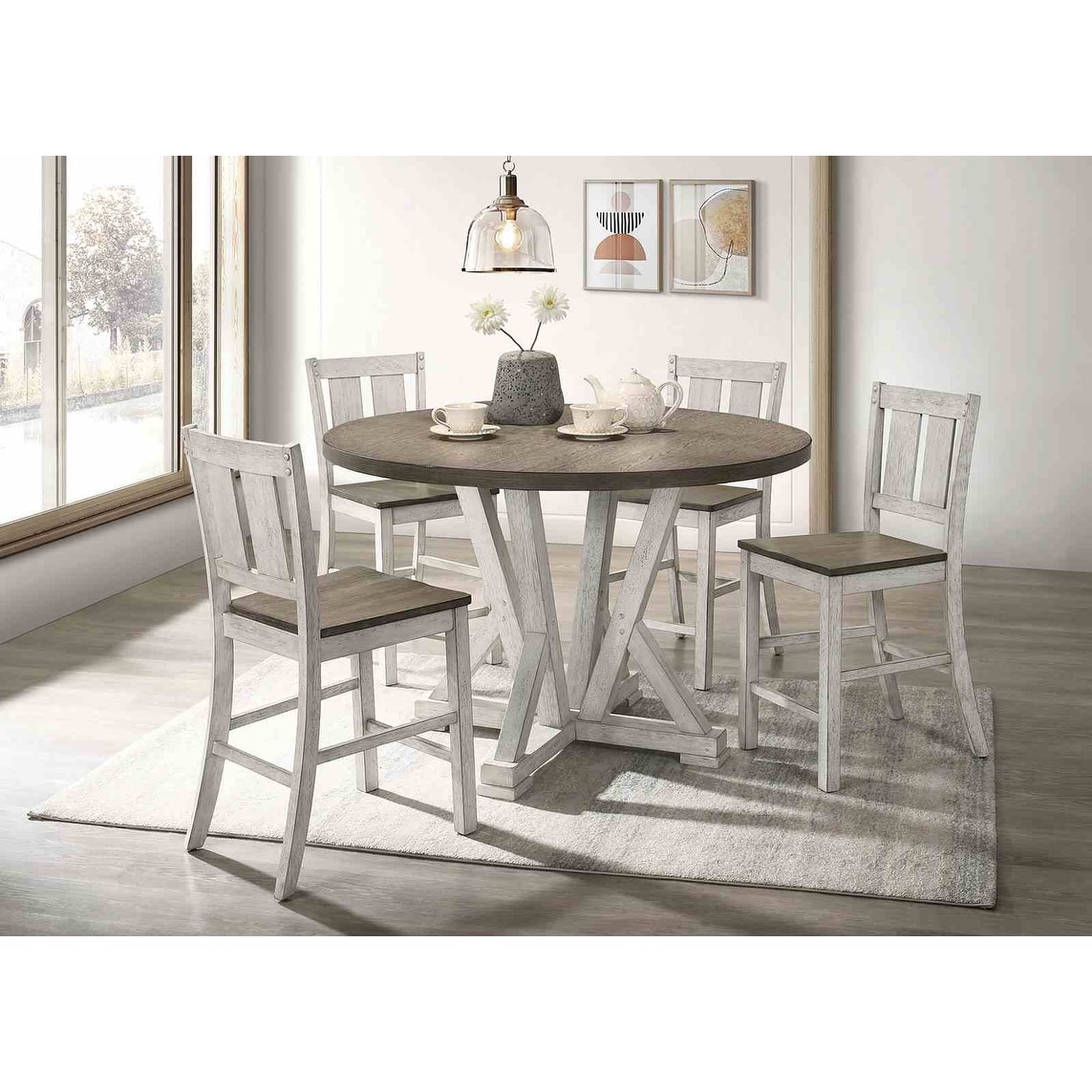 Rustic Antique White Finish Counter Height Set 5pc Table and Chairs