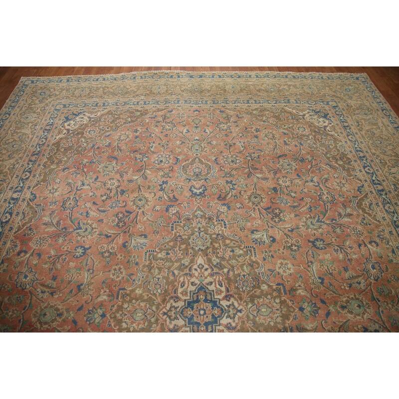 Hand Knotted Oriental 100% Wool Carpet Traditional Floral Pink Mashad Area Rug - 12' 5'' X 9' 4''