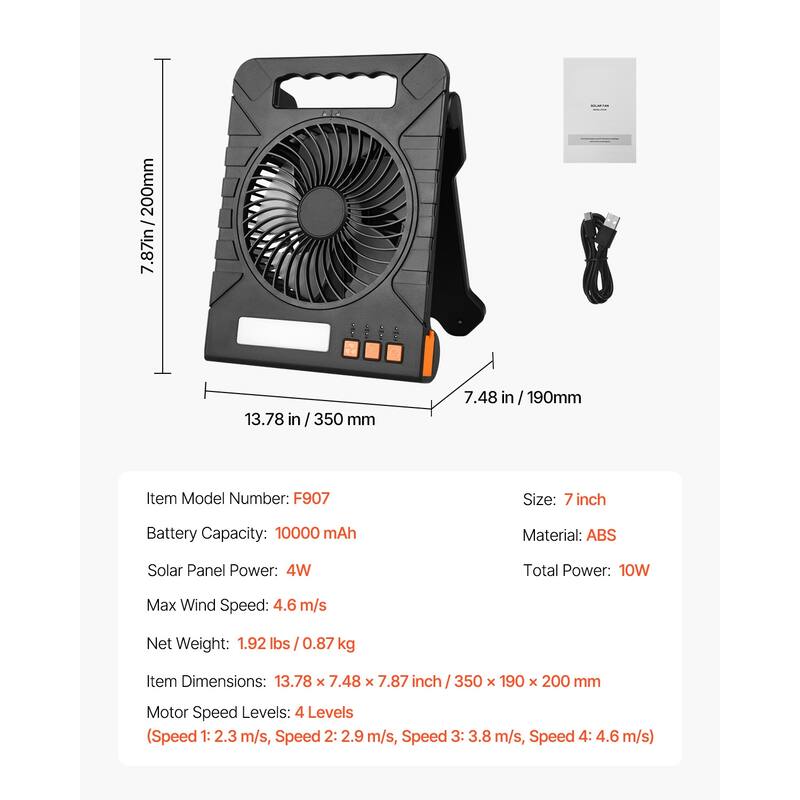 10000mAh Rechargeable Solar Fan LED Lantern 7 Inch Portable Cordless 4W