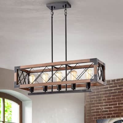 Aurora Antique Black Rectangular Metal and Natural Wood Chandelier