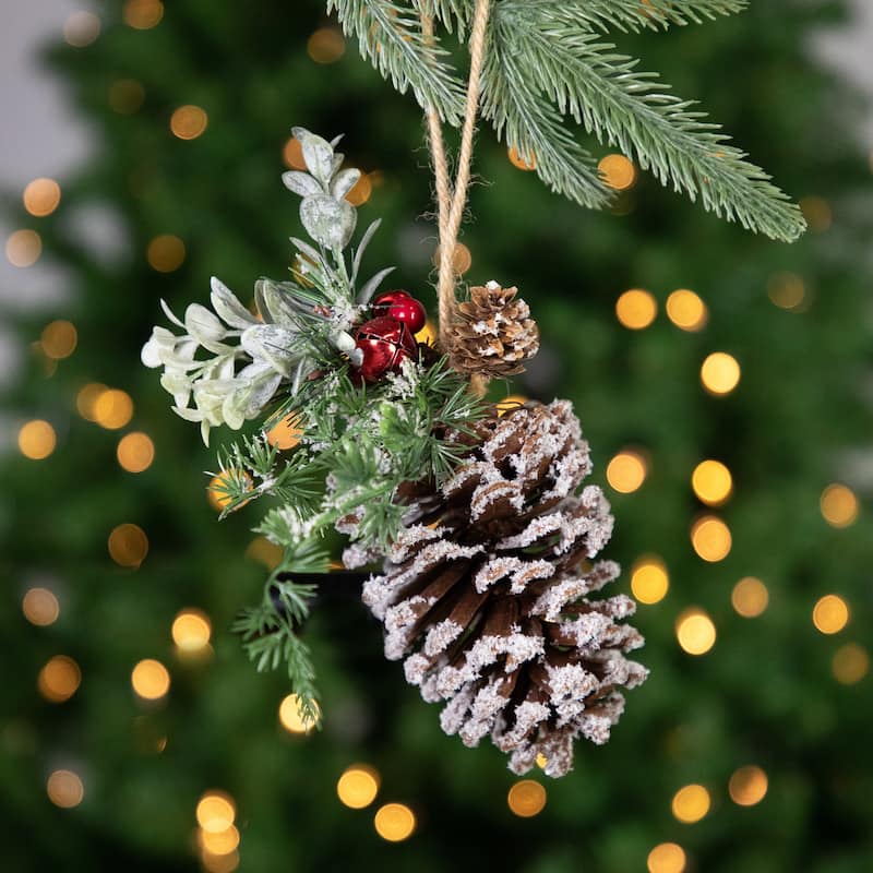 7" Pine Cone Mixed Foliage Red Jingle Bells Berries Christmas Ornament