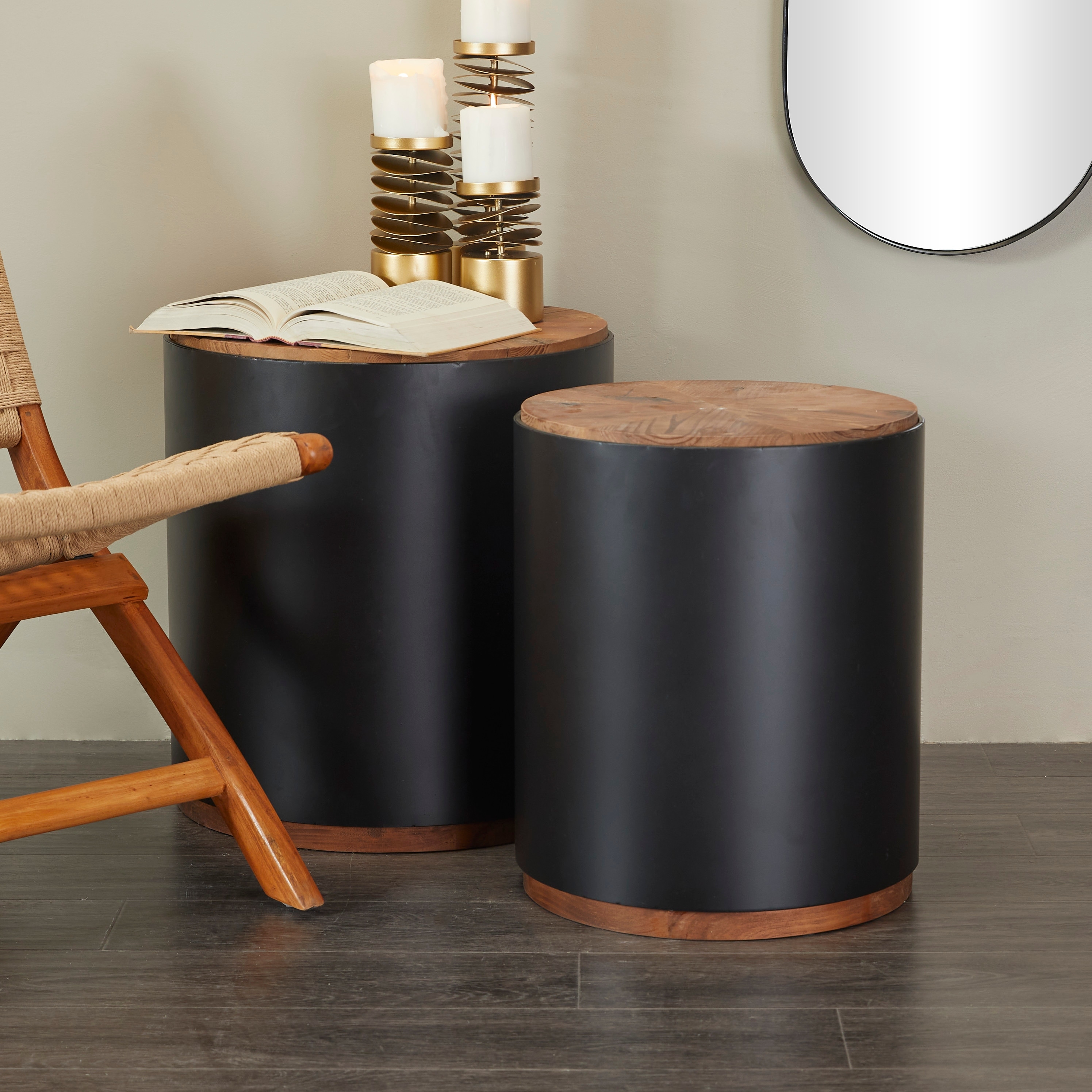 Black Metal Rustic Accent Table with Brown Wood Top (Set of 2)