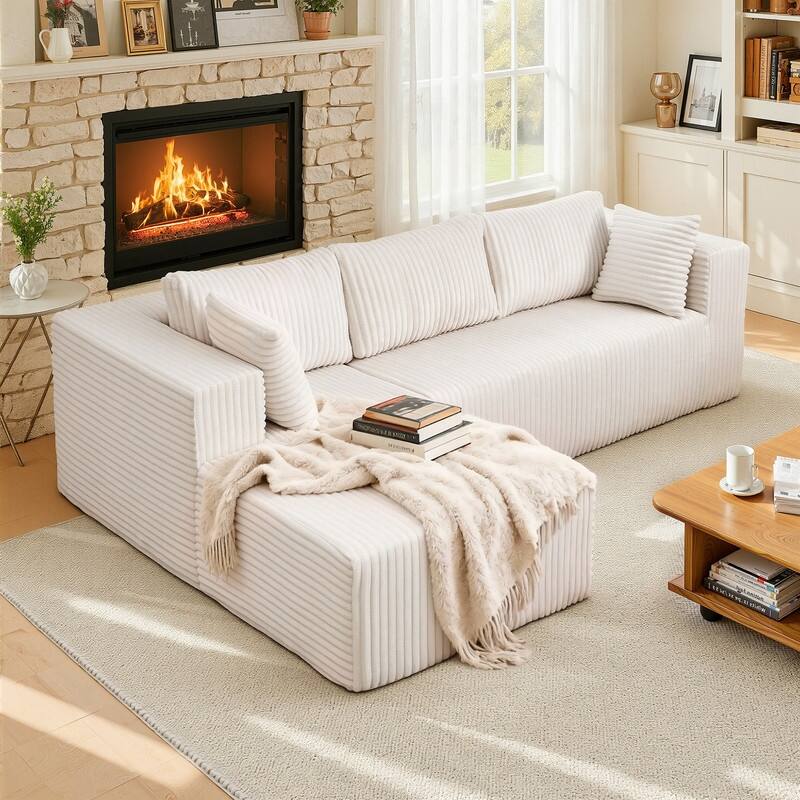 105 in. Wide Square Arm 2-Piece Modern Corduroy Fabric L-Shape Modular Sectional Sofa - Beige-RightChaise