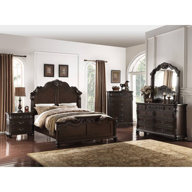 Traditional Style Bed Set Crowned Headboard Bun Feet Antique Cherry Finish