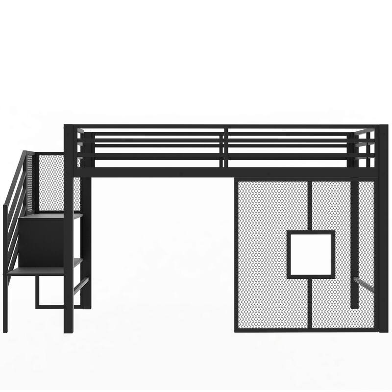Twin Size Metal Low Loft Bed Frame with Storage Staircase and Iron Mesh