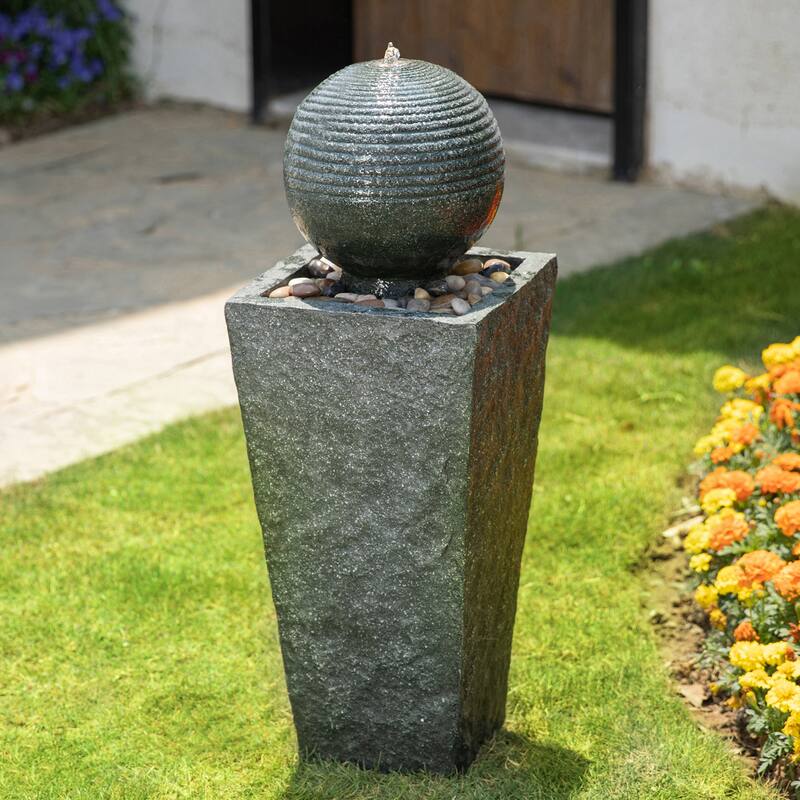 Demta Floating Pedestal Sphere Polyresin LED Garden Fountain with Pebbles by Havenside Home - Grey - 32-INCH