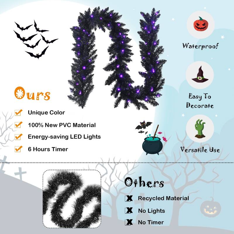 9 Feet Pre-lit Christmas Halloween Garland with 50 Purple LED Lights - BLACK