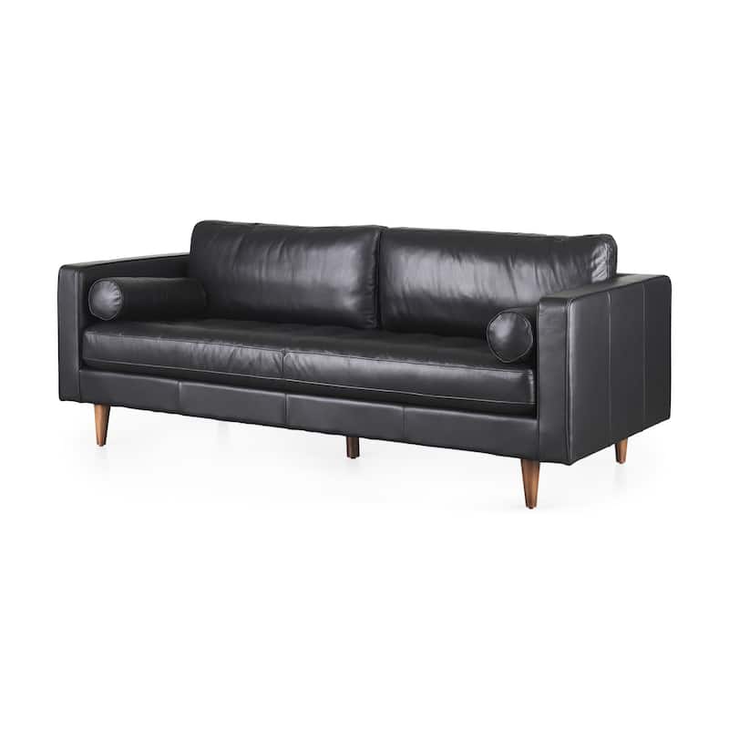 HomeRoots 88" Black Leather Sofa And Toss Pillows With Brown Legs